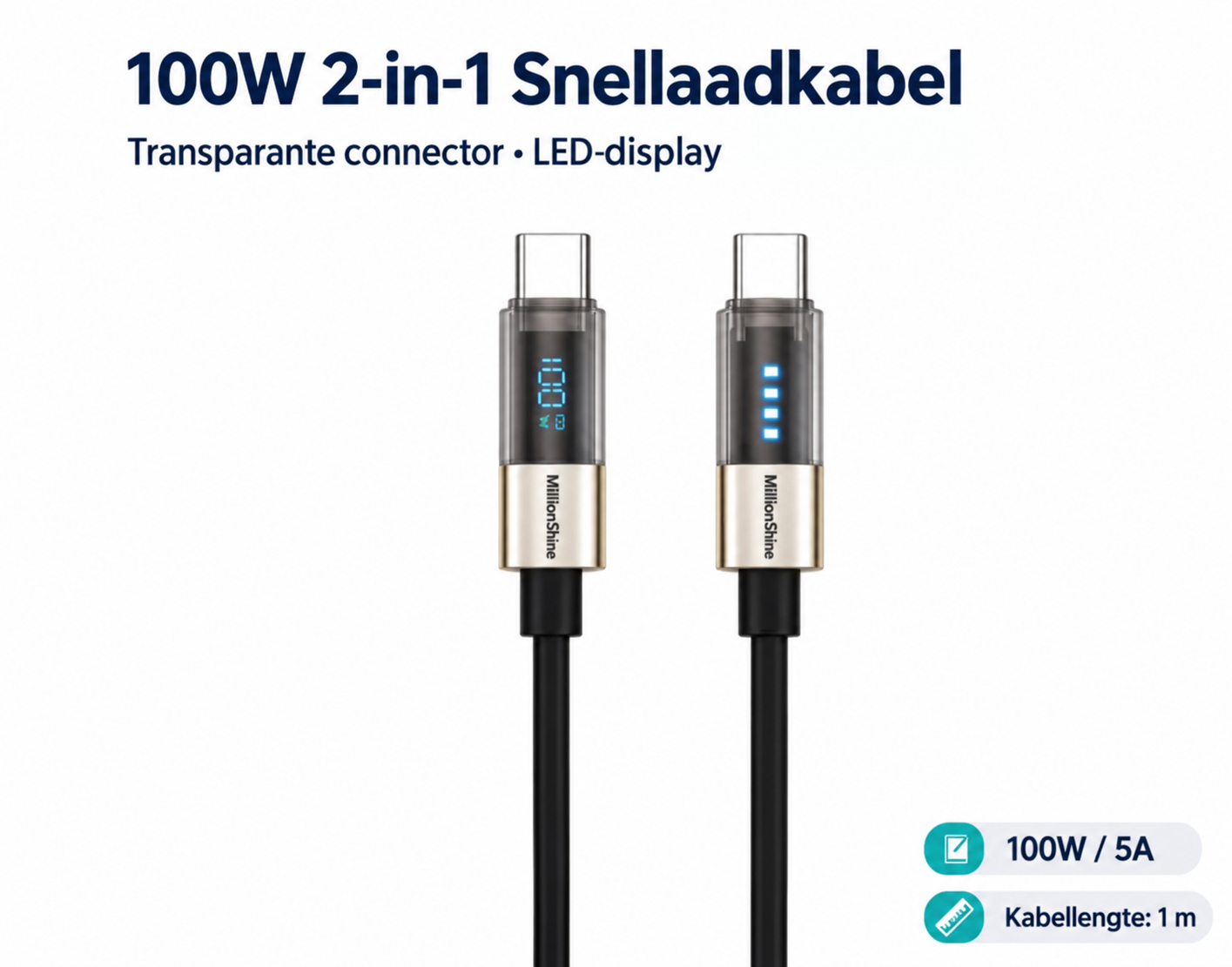 USB-C naar USB-C Snellaadkabel 100W - 1 Meter Siliconen kabel - Digitaal Led Display