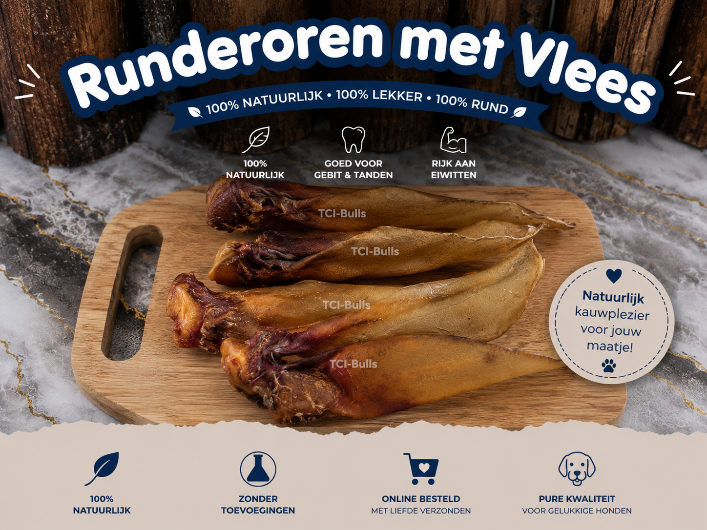 runderoren gedroogd - met vlees - 100% natuurlijke hondensnack