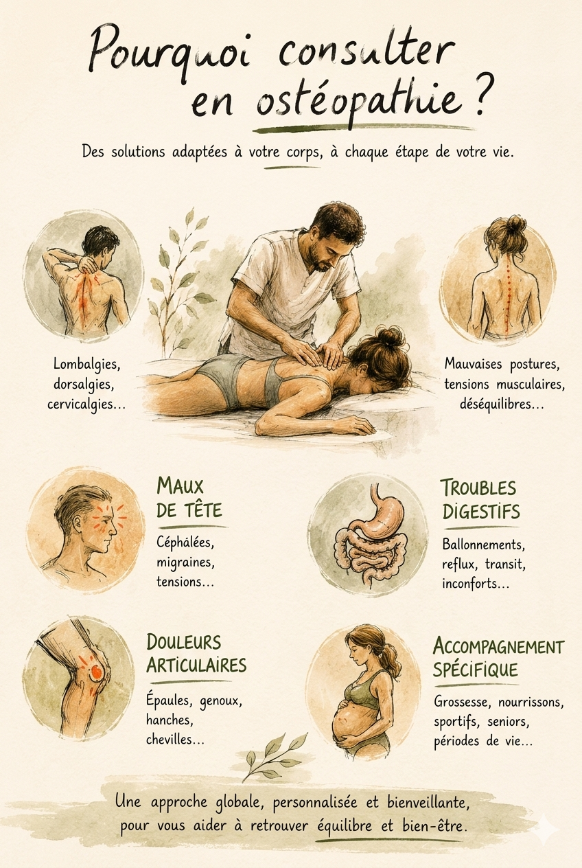 Consulter un ostéopathe, mal de dos, lombalgie, torticolis, douleur cervicale trouble digestif, ballonements, maux de tête, migarine, céphalées  