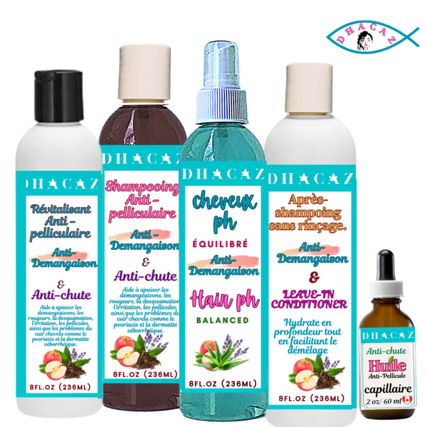 Ensemble de soins capillaires : shampooing et après-shampoing, soin sans rinçage, huile anti-chute et spray pour l'équilibre du pH. Soin nourrissant pour les cheveux à base d'huile d'arbre à thé, de menthe poivrée et de lavande.