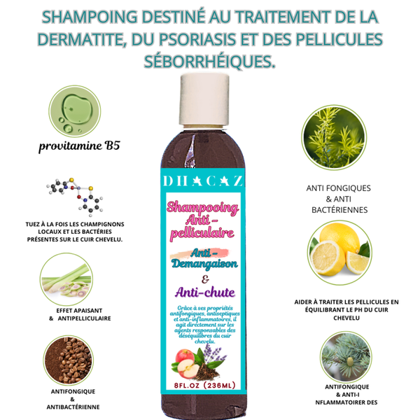 Shampoing pour traiter la folliculite, la dermatite séborrhéique et le psoriasis : efficace contre les pellicules du cuir chevelu sec et les démangeaisons, procure un soulagement apaisant antifongique – formulé avec de l’acide salicylique,provitamine B5,