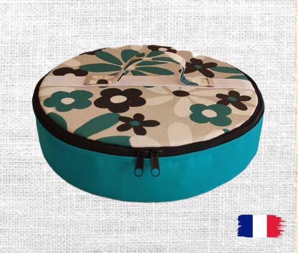Sac à tarte rond isotherme 33 cm Fleurs hippies Bleu canard Lin