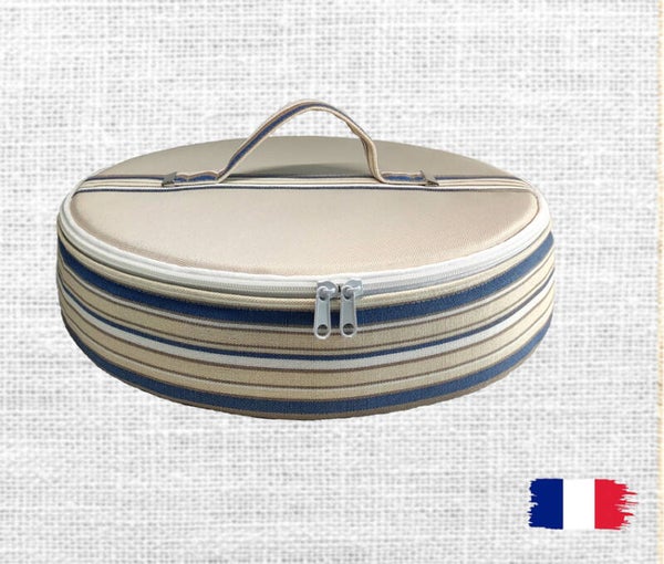 Sac à tarte rond isotherme 33 cm beige rayé jeans et blanc