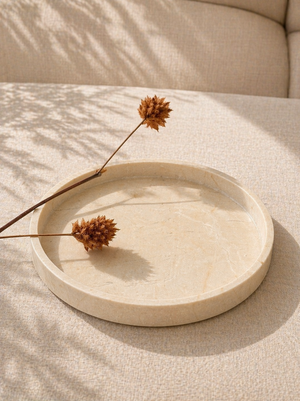 Mooisa marmer dienblad rond met rand tray 30cm beige