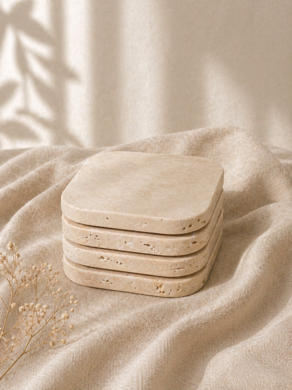 Onderzetter travertine - organisch - set van 4 stuks - 10x10x1cm