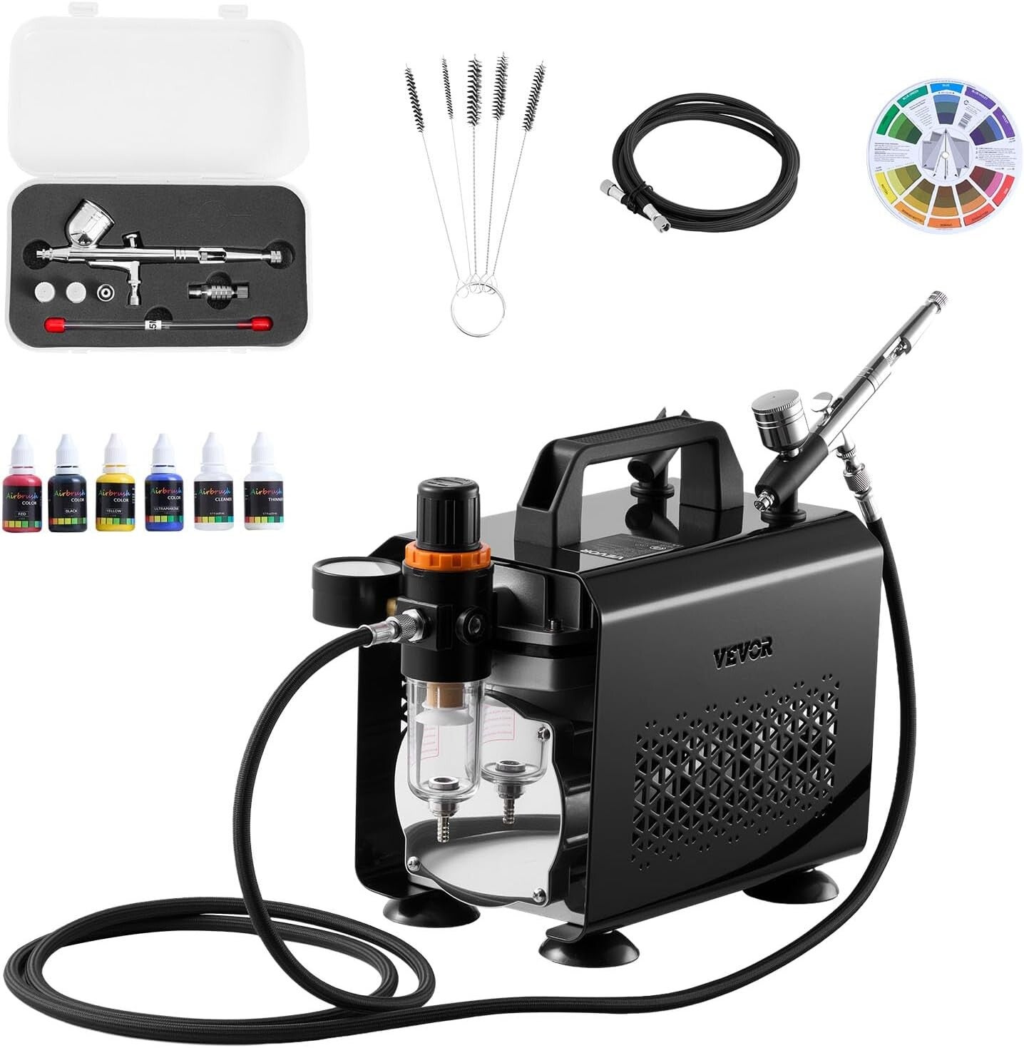 VEVOR Airbrush Set 1/6 PS mit Luftkompressor, 1 Dual Action Airbrush Pistole mit 3 Düsen (0,2/0,3/0,5 mm) & Schlauch & Acrylfarbe & für...