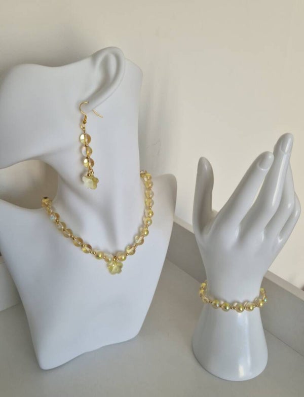 Ensemble collier bracelet boucles d'oreilles perles en verre et fleurs 14mm Swarovski 6744