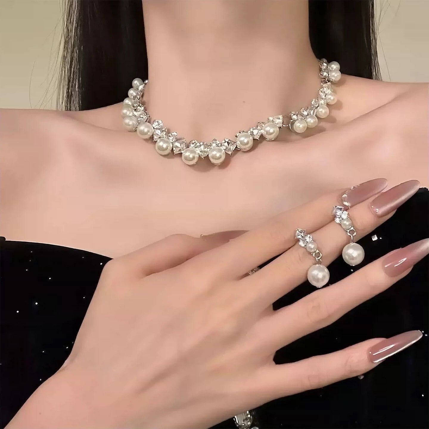 French Style Faux‑Pearl Rhinestone Necklace & Earring
