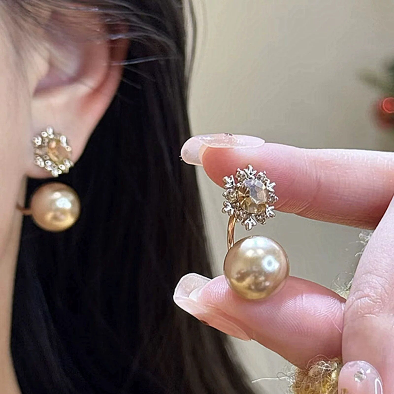 Mocha‑Tone Snowflake Zircon & Pearl Stud Earrings