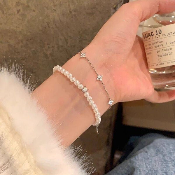 Star CZ Chain & Dainty Pearl Bracelet Set