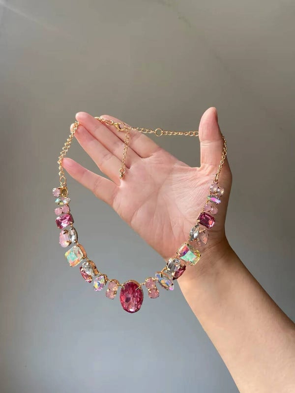 Pink Multi‑Cut Crystal Statement Necklace