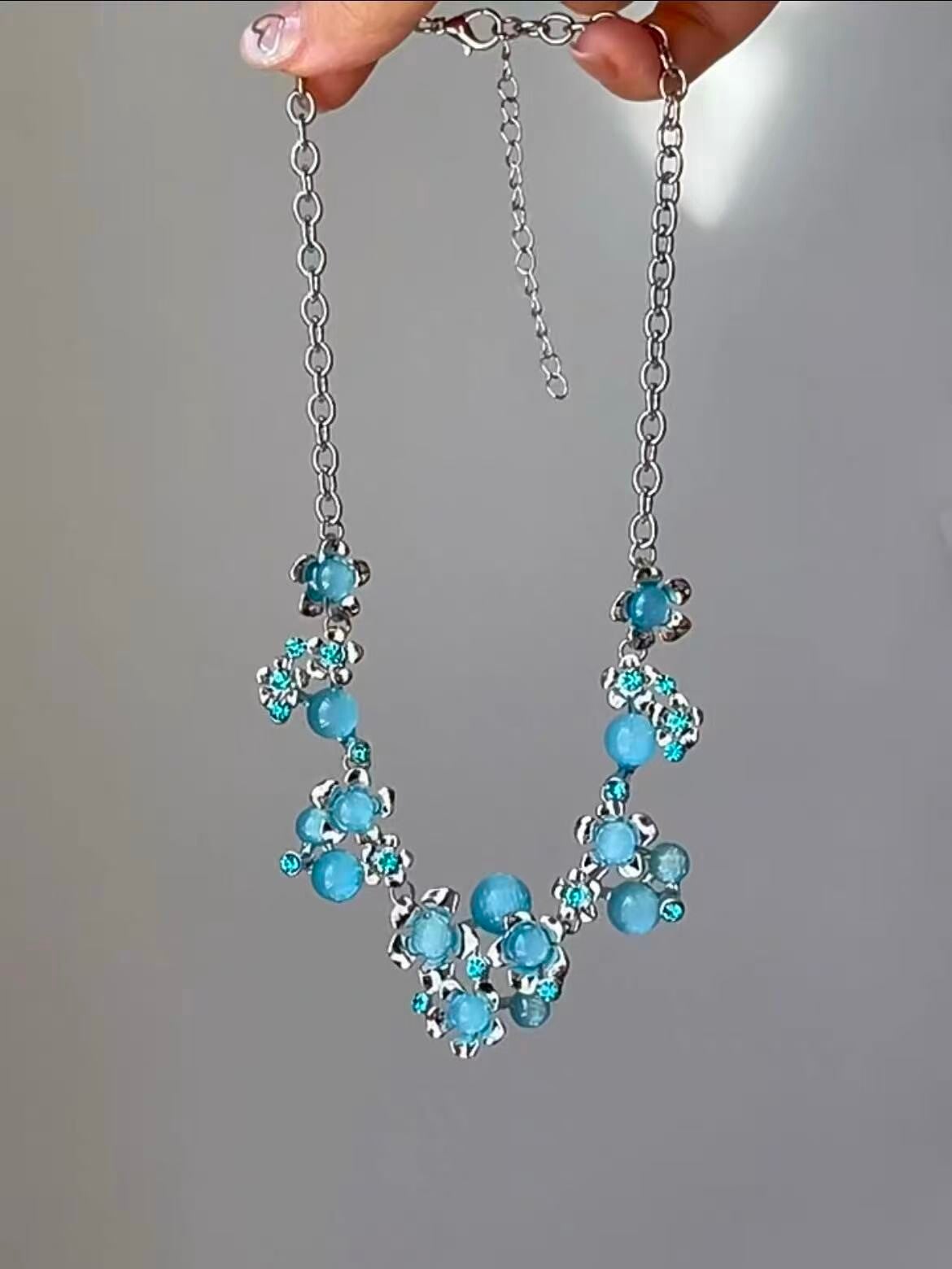 Silver‑Tone Cold‑Style Blue Flower Crystal Necklace