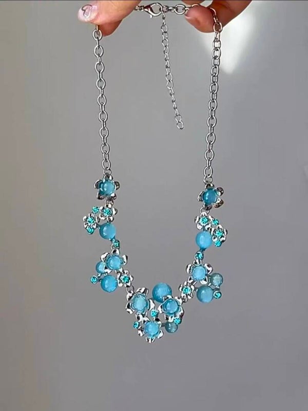 Silver‑Tone Cold‑Style Blue Flower Crystal Necklace