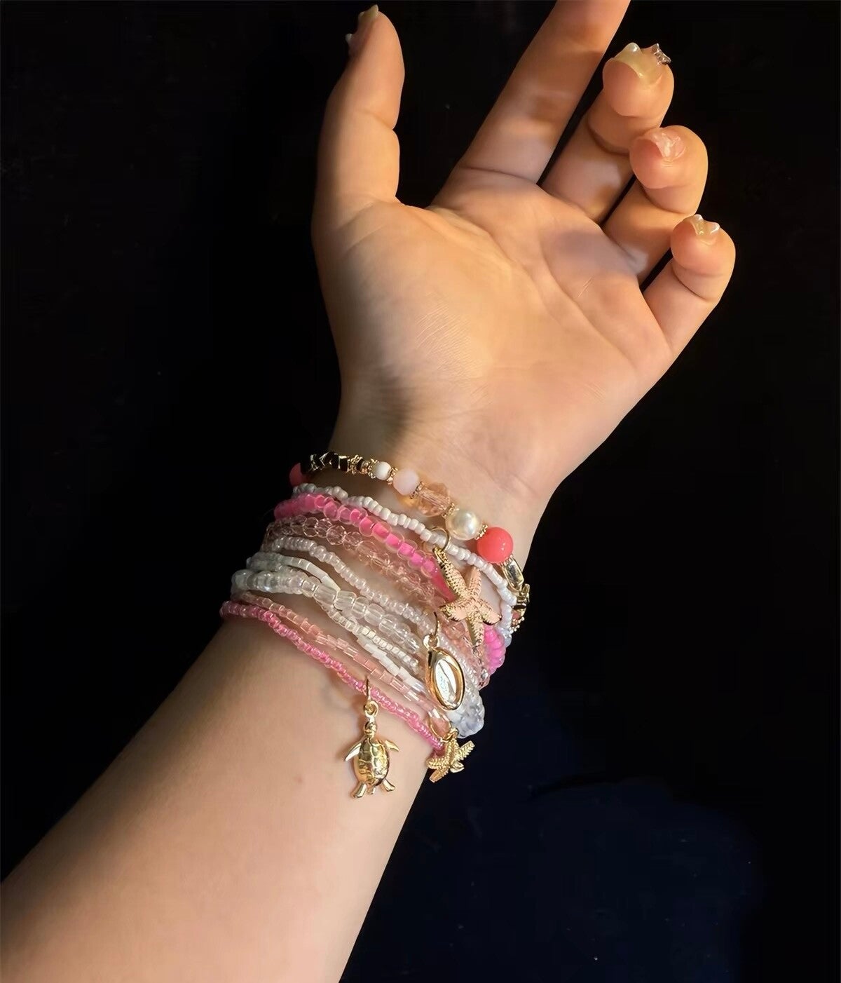 Pink Multi‑Layer Beaded Bracelet with Starfish Charms