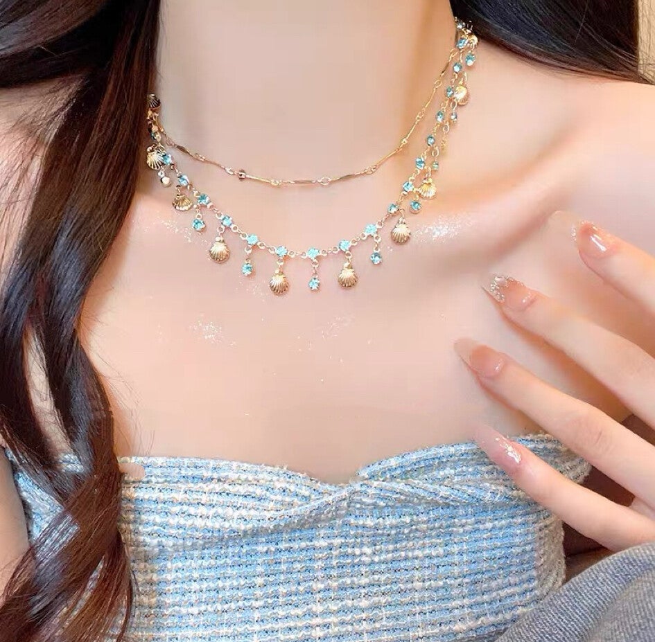2‑Pcs Set Double‑Layer Blue Zircon Shell Necklace & Bracelet