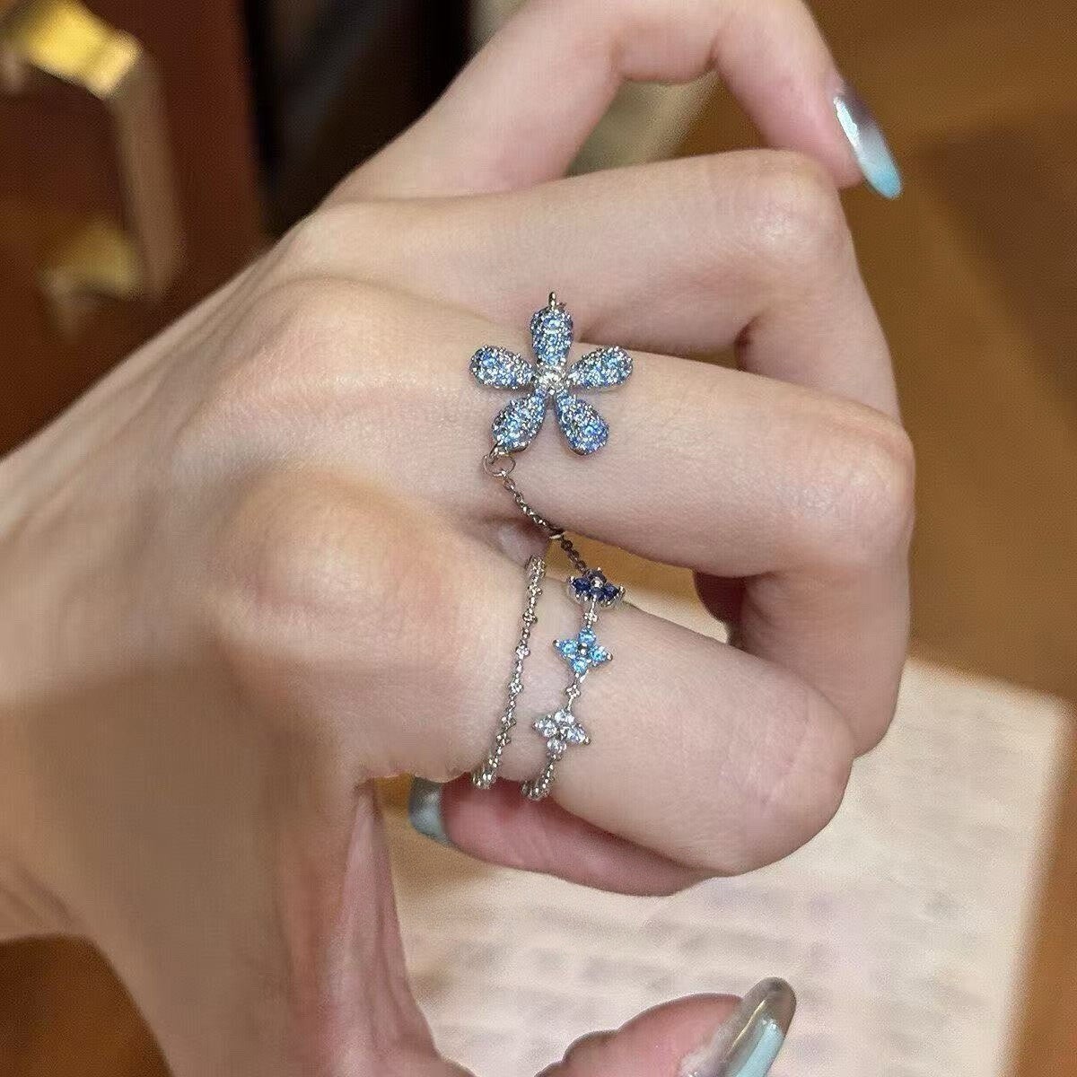 2‑Pcs Stackable Blue Flower Crystal Ring Set
