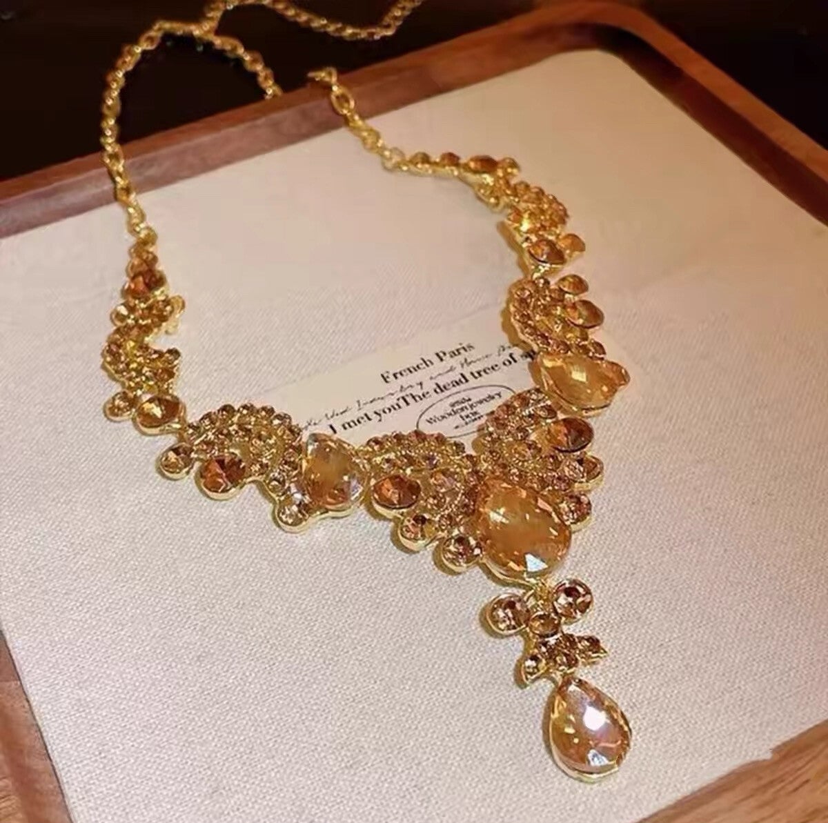 Gold Teardrop Glass Statement Necklace