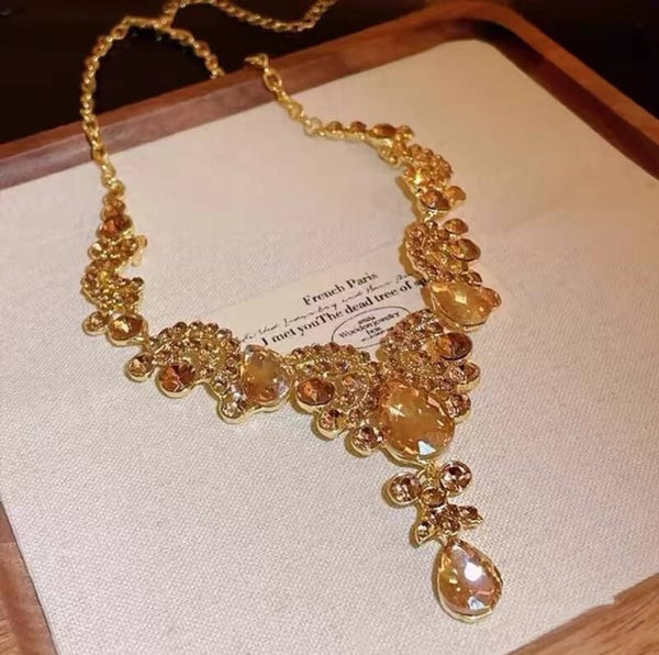 Gold Teardrop Glass Statement Necklace