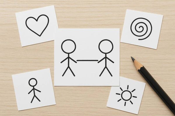 Familienstellen mit Symbolen auf Papier