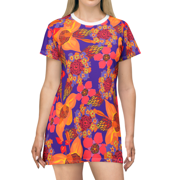 Orange Pink Floral Graphic T-Shirt Dress (AOP)