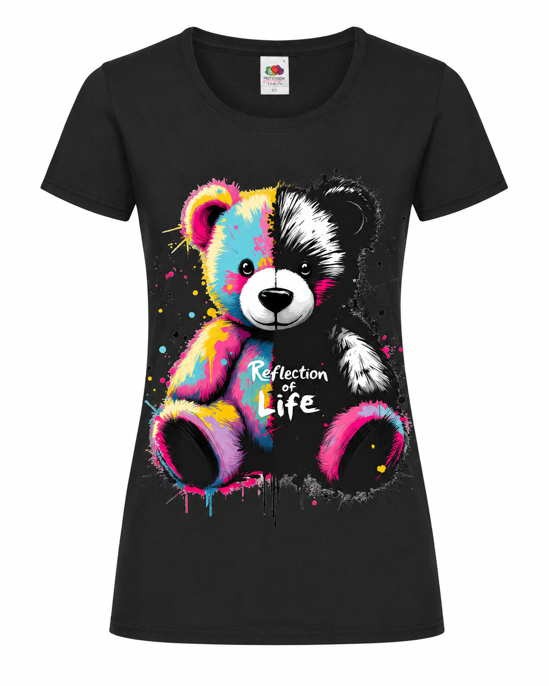 🧸✨ Reflection of Life – Damen T-Shirt mit farbenfrohem Teddy-Motiv 🌈💖