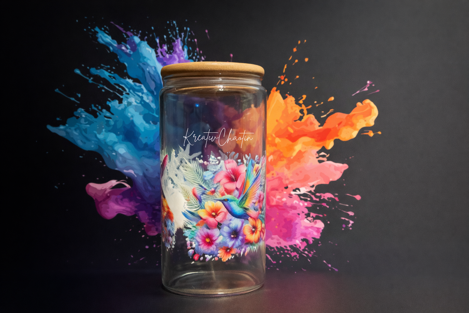 🌿🐦 Trinkglas mit Kolibri - Bambusdeckel – 470 ml