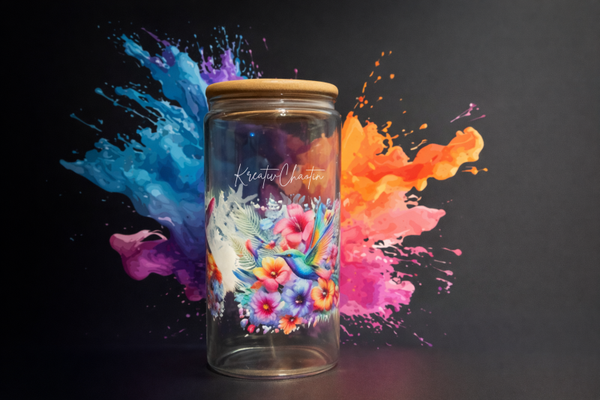 🌿🐦 Trinkglas mit Kolibri - Bambusdeckel – 470 ml