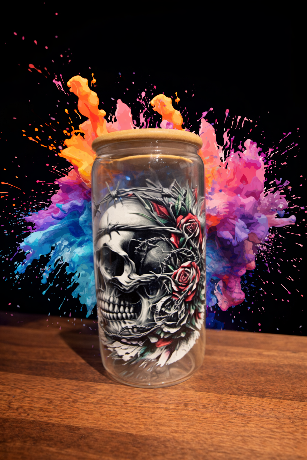 🖤 Glas Totenkopf mit Bambusdeckel – 470 ml ☠️🌿