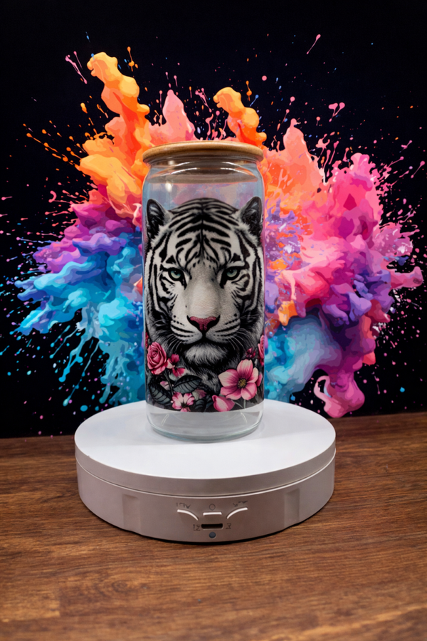 🐯✨ Glas mit weißem Tiger & Bambusdeckel – 470 ml ✨🐯