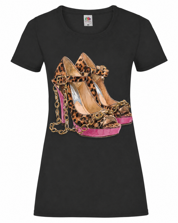 👠🐆 Damen T-Shirt – Leopard High Heels mit Pinken Akzenten