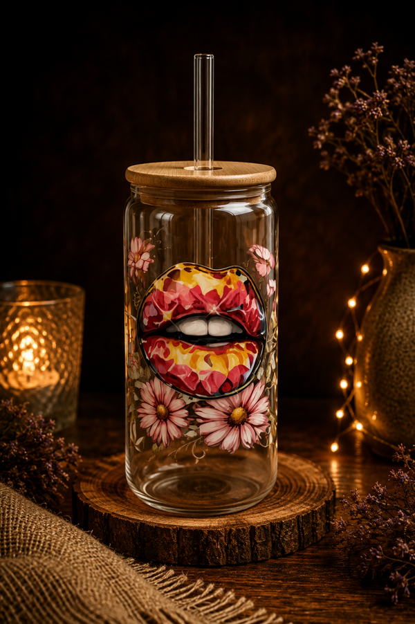 Trinkglas mit Mund-Motiv