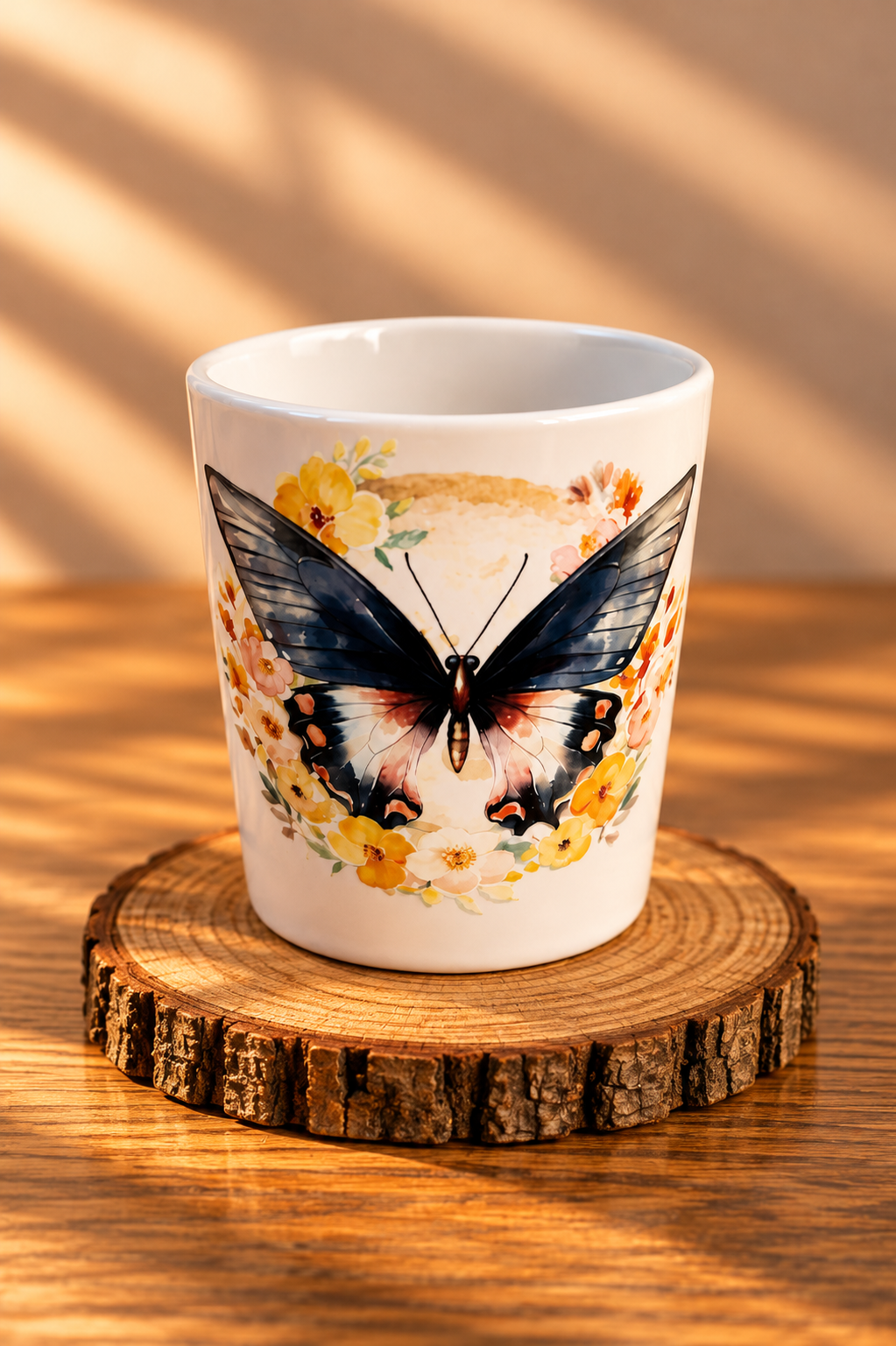 Elegante Schmetterlingstasse – dunkle Flügel & florale Schönheit