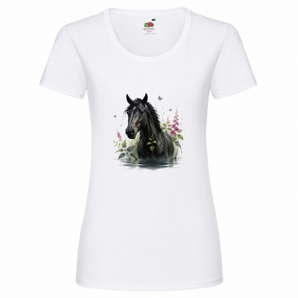 ✨🖤 Edles Damen T-Shirt – Schwarzer Hengst mit romantischem Blumenmotiv 🐎