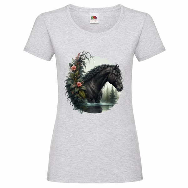 🖤🐴 Pferde T-Shirt Damen – Schwarzer Friese am Waldsee 🌿