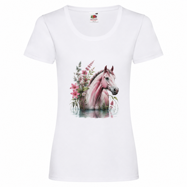 🌸🐴 Pferde T-Shirt Damen – Rosa Pferd mit Blumen am Wasser 🤍