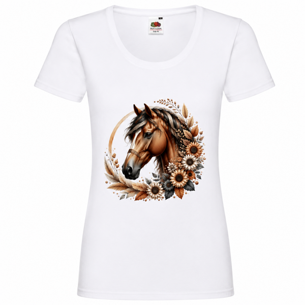 🍂🐴 Edles Pferde-Shirt Damen – Herbstlicher Blumenkranz & Pferdemotiv 🤎