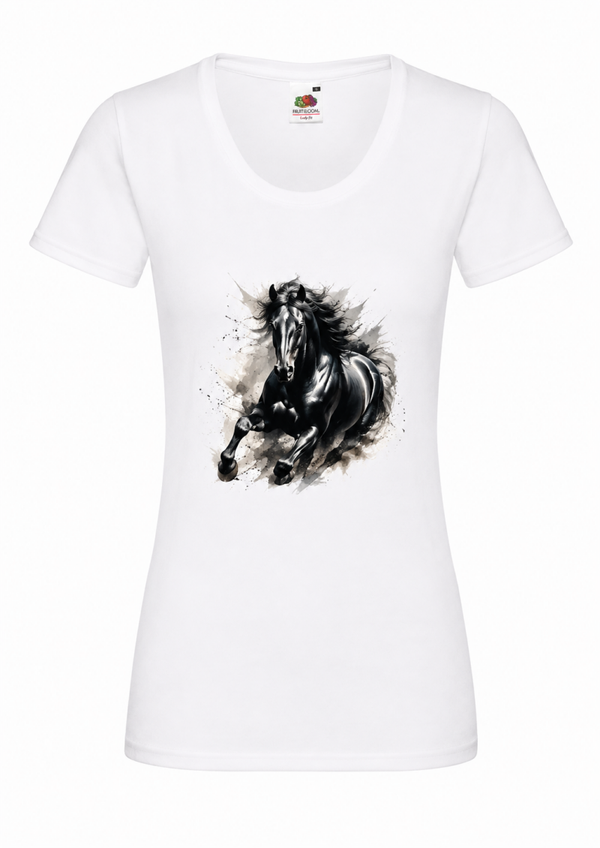 🐴 Pferde T-Shirt Damen – Schwarzer Hengst im Aquarellstil 🖤