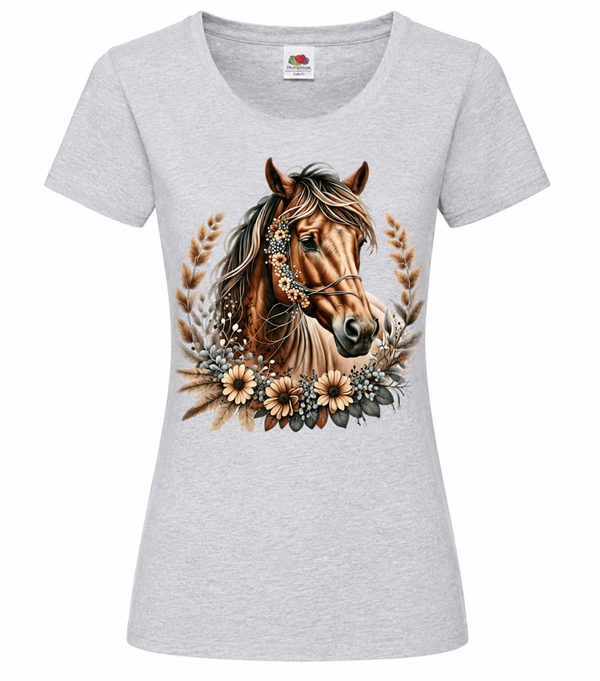 🐴🤍 Pferdeliebe Damen T-Shirt | Elegantes Pferd mit Blumen 🌼