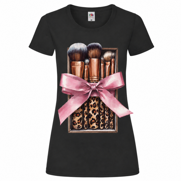 💄🎀 Make-up Pinsel Geschenkbox mit Leo-Design – Beauty Damen T-Shirt 🐆✨