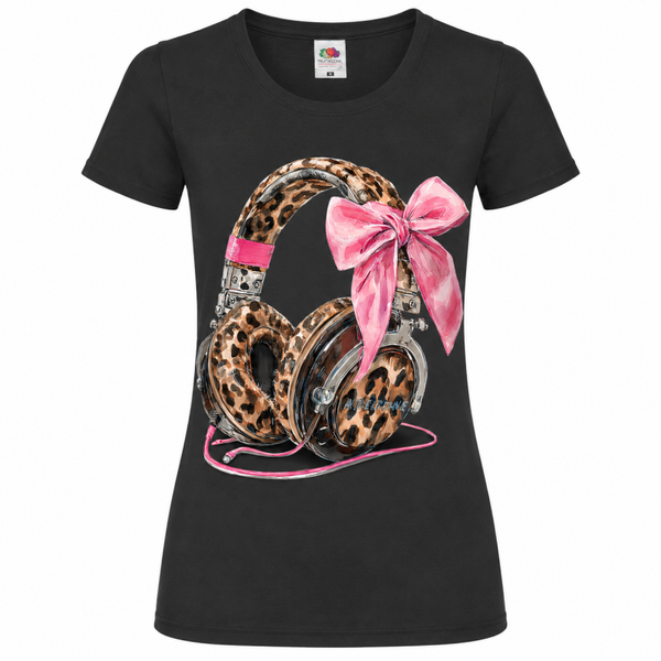 💖🎶 Leo Headphones mit Pinker Schleife – Stylisches Musik T-Shirt 🐆