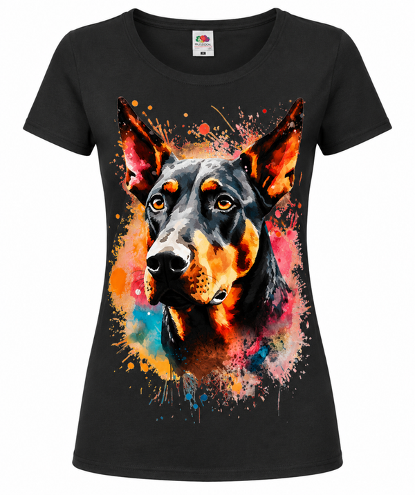 🐾🌈 Dobermann Aquarell Damen T-Shirt – Buntes Hunde Design für Tierliebhaber ✨🐕