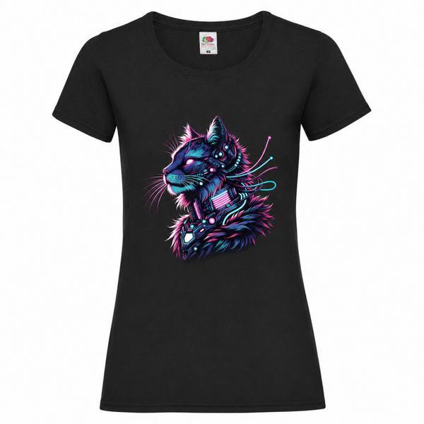 🐱⚡ Cyberpunk Katze Damen T-Shirt – Futuristische Neon Roboterkatze 🤖💜