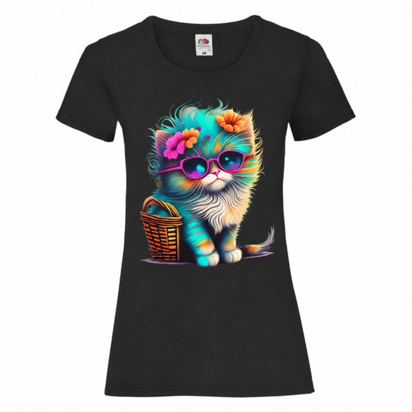 🐱🌸 Bunte Katze mit Sonnenbrille Damen T-Shirt – Süßes Katzenmotiv mit Blumen & Korb 🌈🕶️