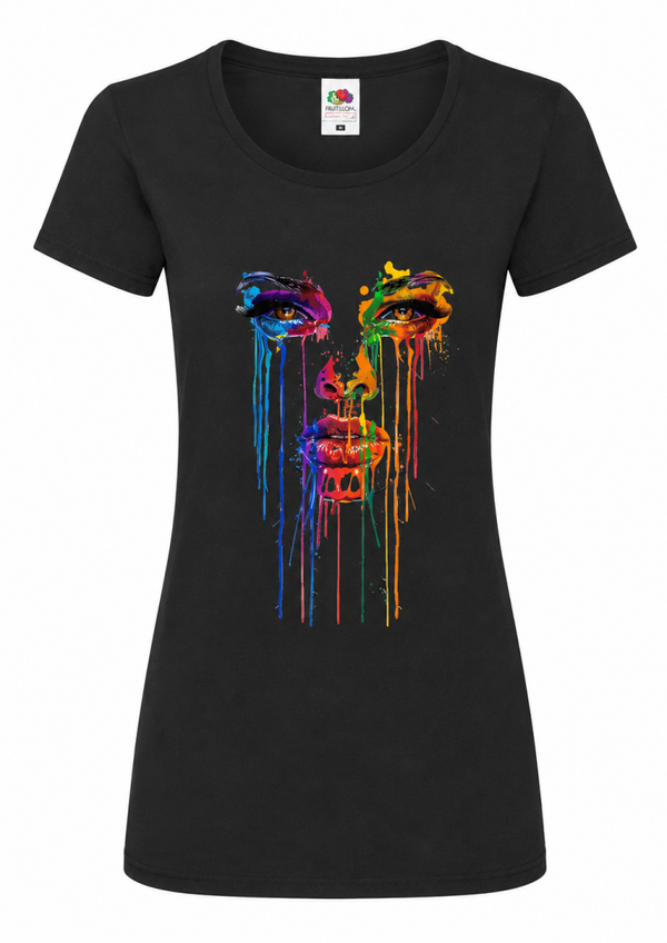 🎨🌈 Color Splash Face – Damen T-Shirt mit ausdrucksstarkem Kunstmotiv ✨🖤