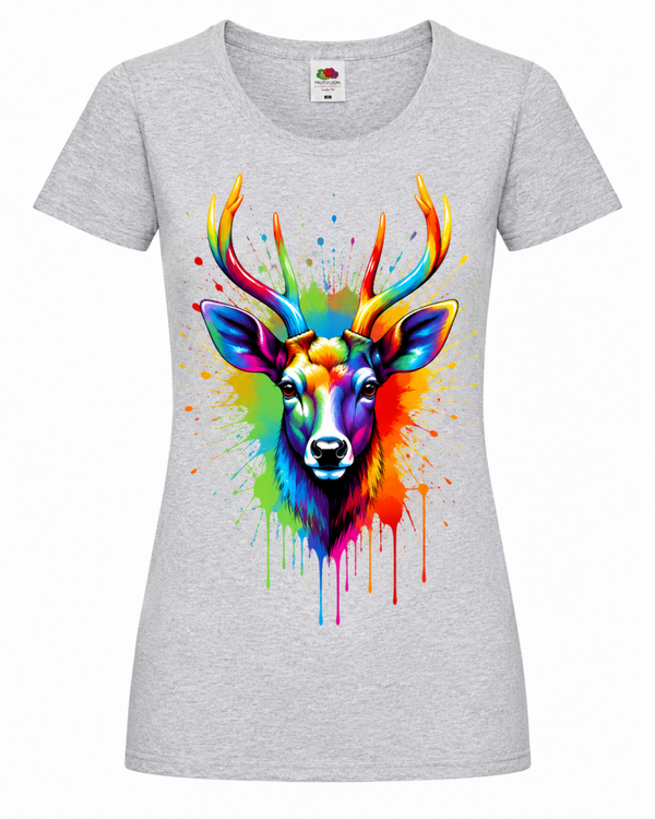 🦌🎨 Color Splash Deer – Damen T-Shirt mit farbenfrohem Hirschmotiv ✨🖤