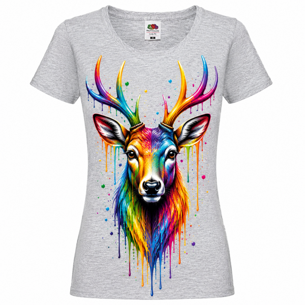 🦌🌈 Rainbow Deer – Damen T-Shirt mit farbenfrohem Hirschmotiv ✨🖤
