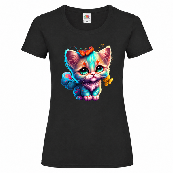 🐱🦋 Buntes Katzenbaby Damen T-Shirt | Süße Fantasy Katze mit Schmetterling 🌈🐾