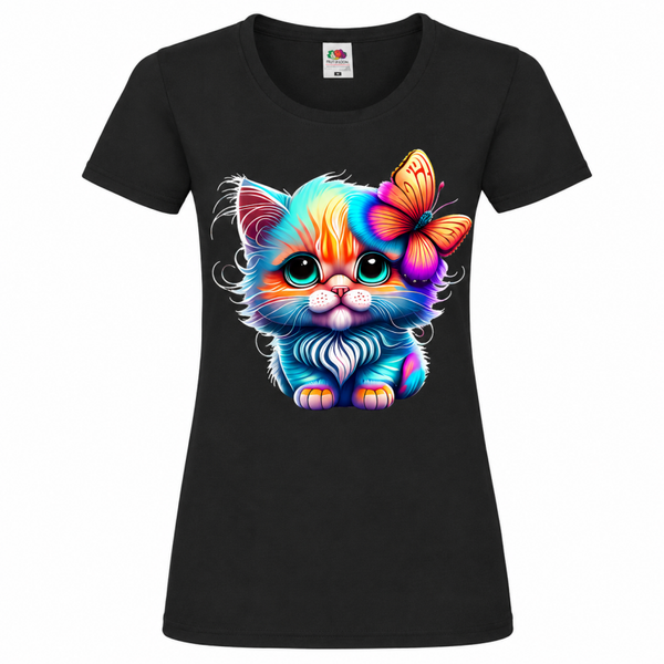 🐱🦋 Damen T-Shirt Weiß – Bunte Katzen mit Schmetterling Motiv💖✨