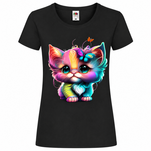 🐱🌈 Kawaii Katze mit Schmetterling Damen T-Shirt | Bunte süße Cartoon Katze 🦋💕