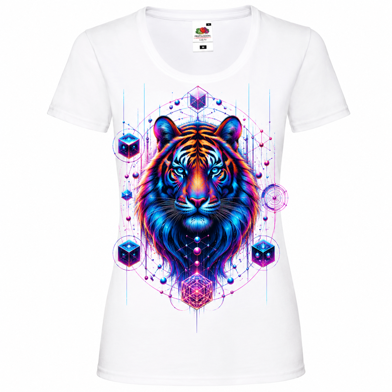 🐅🔮 Neon Tiger Geometry – Damen T-Shirt mit futuristischem Tiger-Motiv ✨🖤